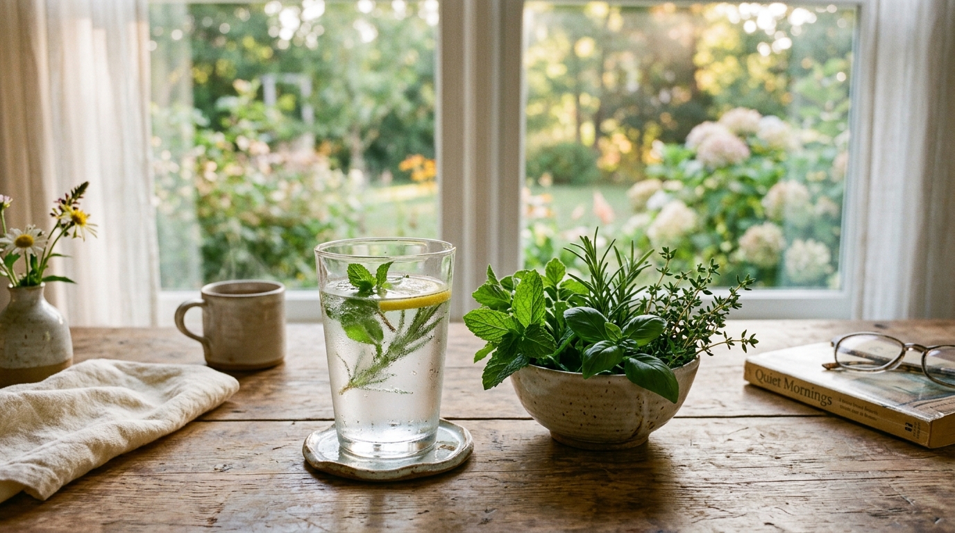 Pokojné ráno s pohárom vody a čerstvými bylinkamy