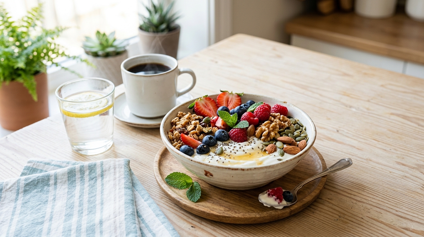 Zdravé raňajky s ovocím, jogurtom a orechy na svetlom stole
